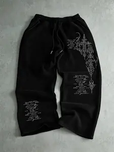 Men's Gothic Ornate Cross Cursive Script Print Drawstring Wide Leg Sweatpants, Grunge Dark Y2K Urban Streetwear,  elastic adjustable drawstring waistband, side deep storage pockets