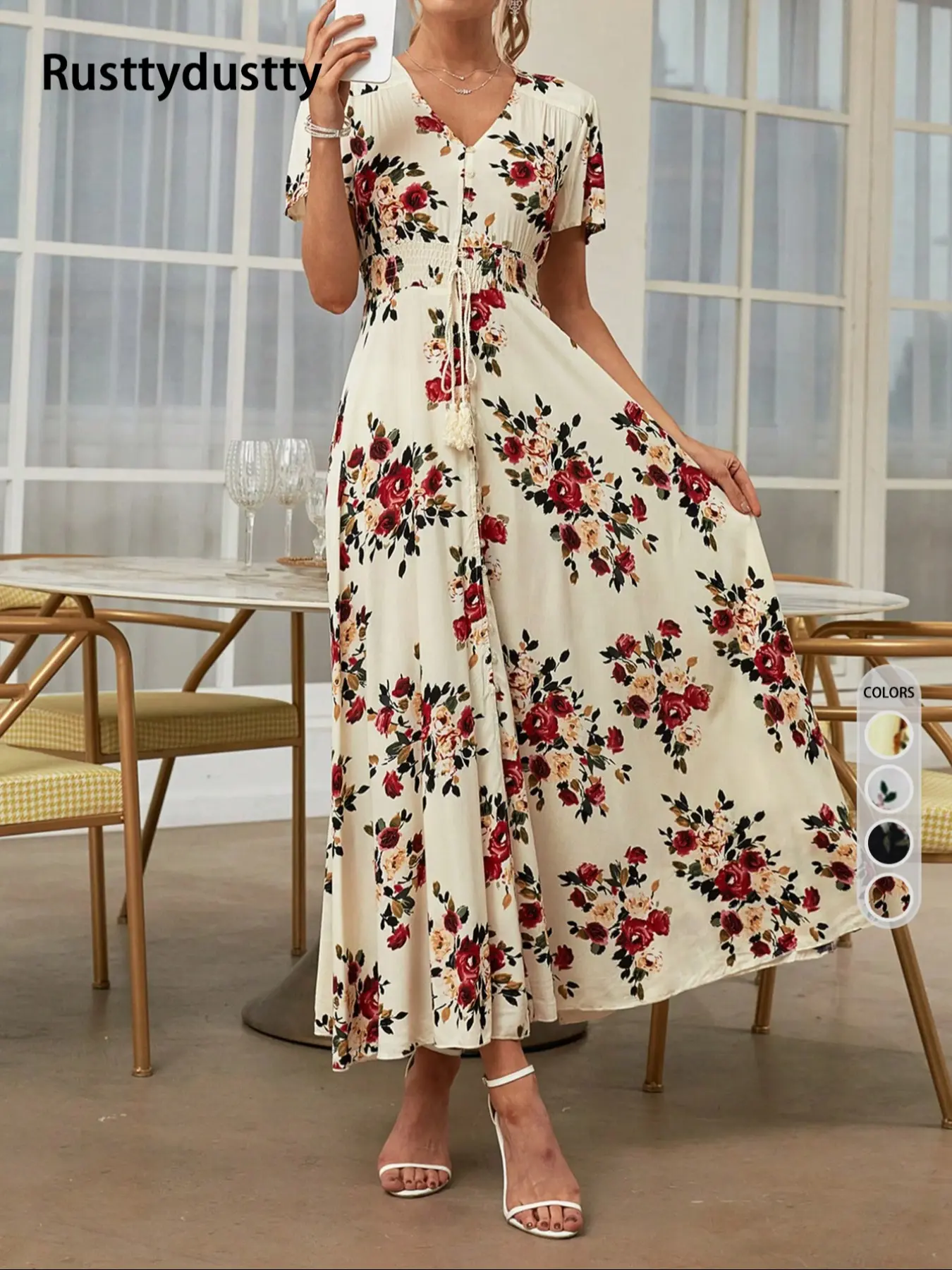 Women's Floral Print Button Front Dress, Boho French Style Casual Short Sleeve Dress for Summer, Women's Clothes for Beach Vacation Holiday