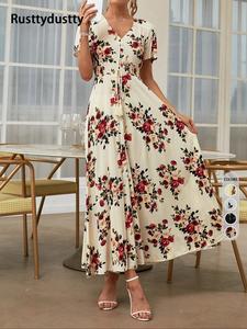women's floral print button front dress, boho frenchy style short sleeve dresses, summer outfits 2024, women's clothes for summer beach vacation holiday