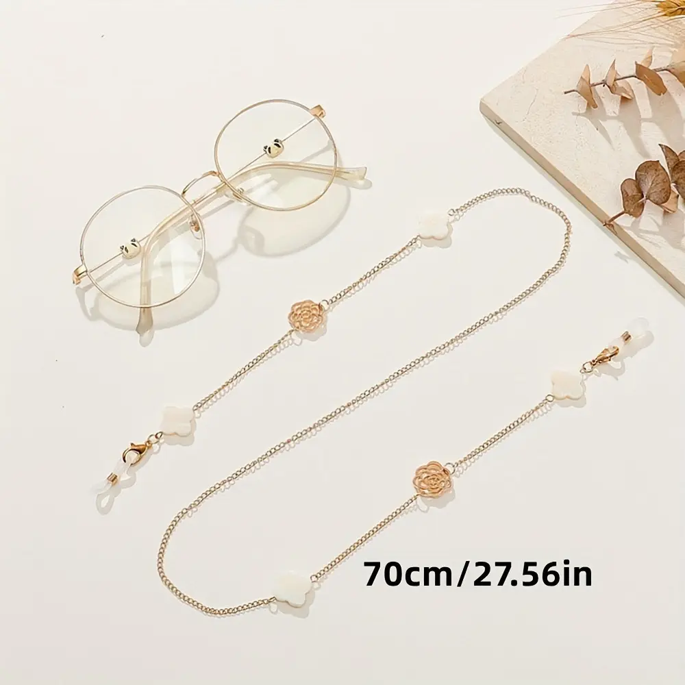 Elegant Shell Camellia Flower Necklace, Convertible Women's Sweater Chain with Clover Charms for Casual Glasses and Masks, Camellia Glasses Chain, Daily Wear, Floral, Mask Hook, Shell Decor, Casual Wear