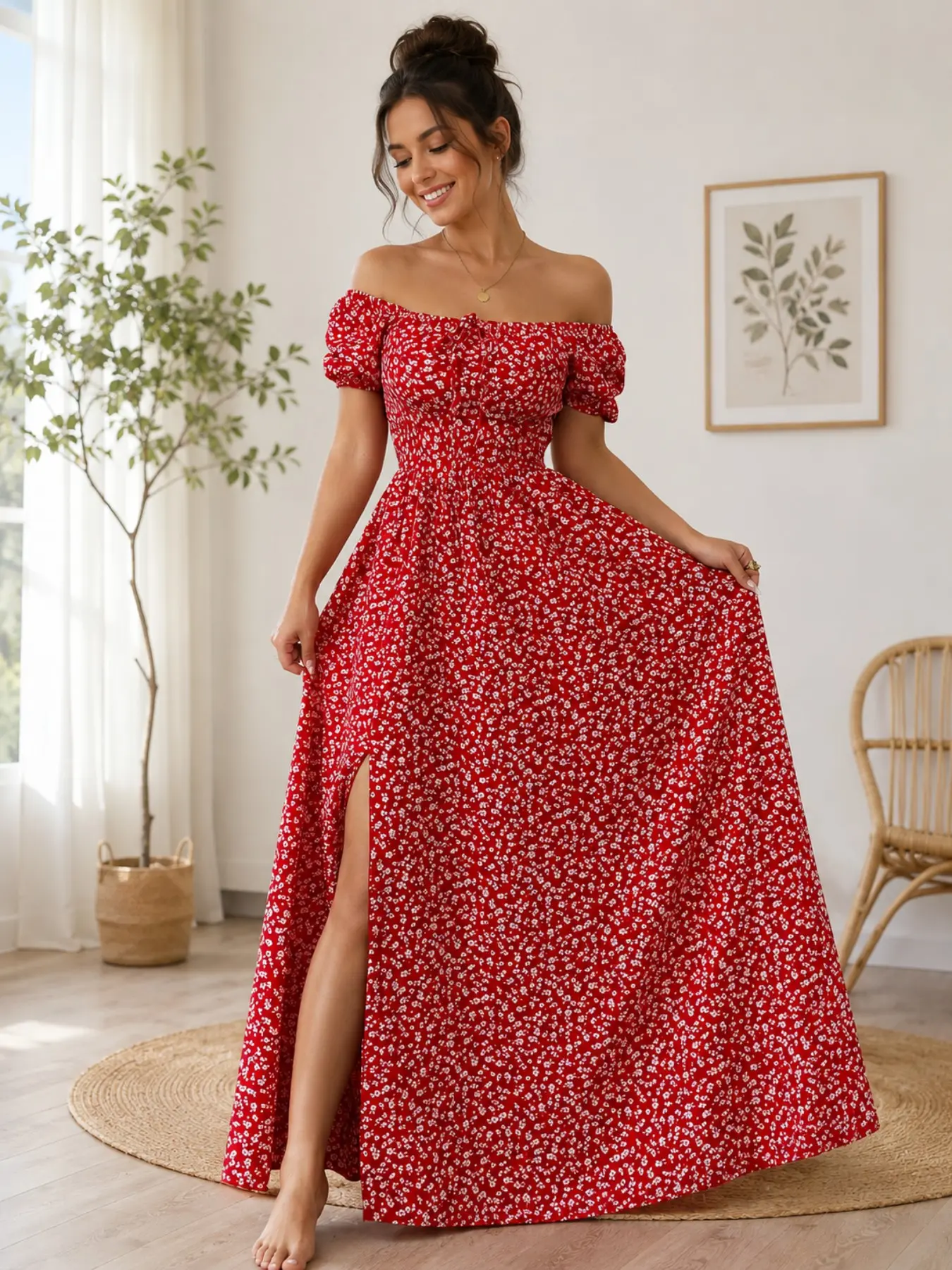 Summer Dress with One-Shoulder Design, High Waist, Puff Sleeves, All over Floral Print, Comfortable and Breathable, Perfect for Vacation and Daily Wear