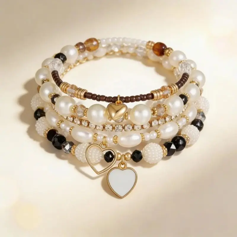 Women's Boho Charm Bracelets Set, Stackable Hand-Beaded Pearl & Rhinestone Bangle Jewelry, Adjustable with Heart Details for Festival Beach Wear, Beaded Bracelets, Anniversary, Bracelet Set