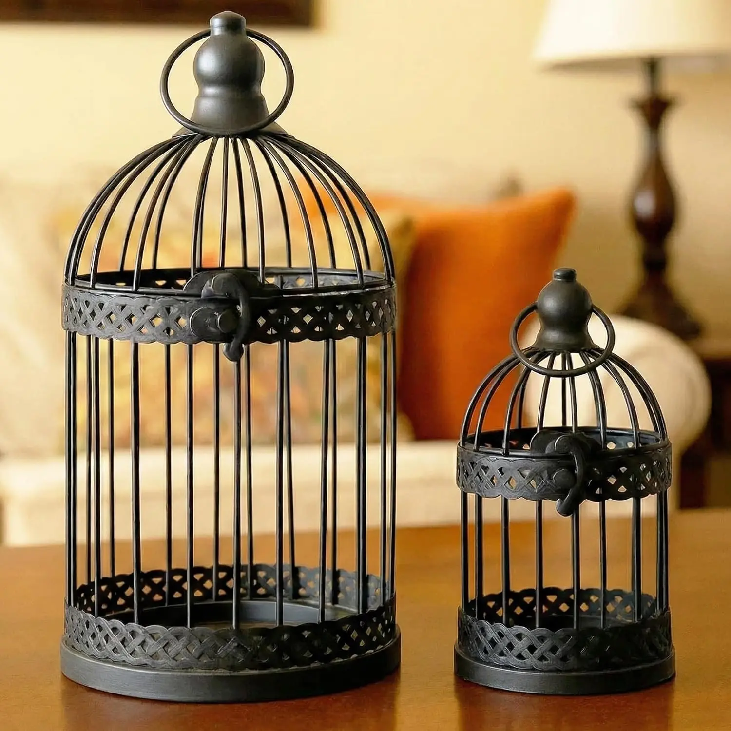 Decorative Bird Cage Candle Holders, Medium & Mini, Black | Birdcage Lantern Set of 2, Halloween & Wedding Decor, Vintage Hanging or Tabletop Centerpiece, Pillar Tealights, 10" & 6"