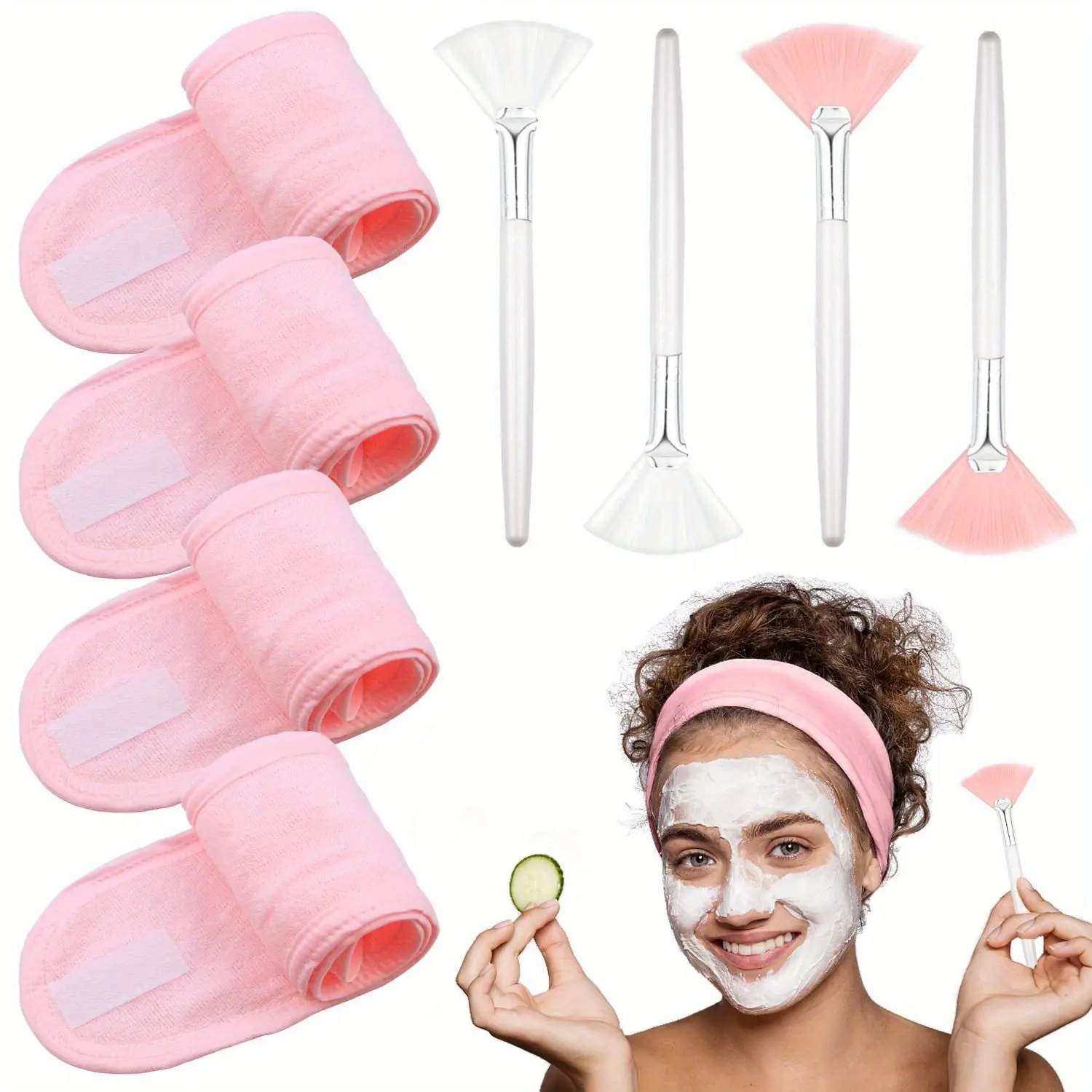 8pcs Adjustable Towel Headbands for Face Washing, 4 Fan Brushes, Facial Mask Brush, Spa Headbands for Women & Girls, Skincare Supplies