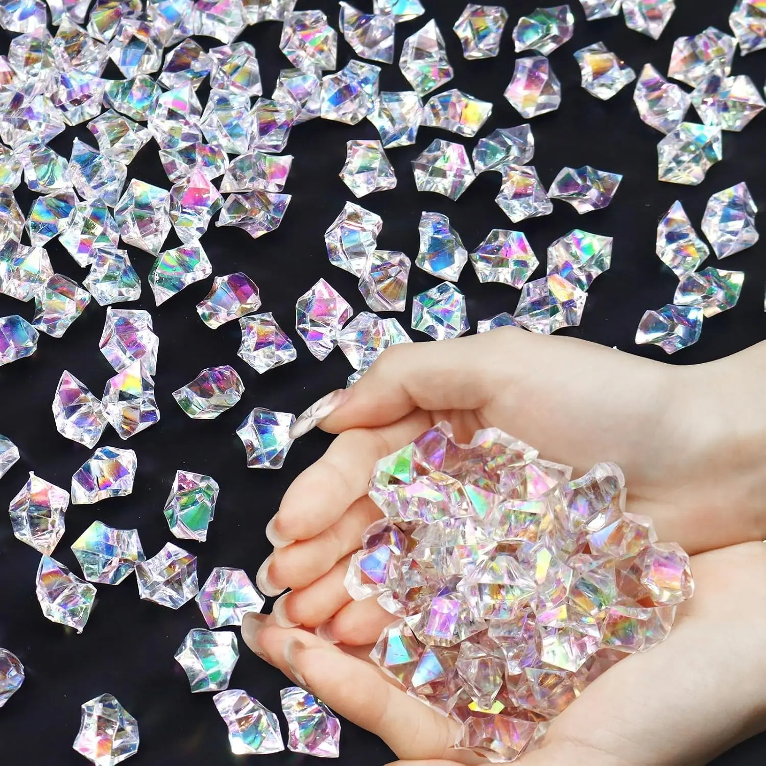 Clear Holographic Fake Ice Rocks，220PCS Dazzling Vase Fillers Acrylic Fake Diamond Crystals Water Beads Marbles 13OZ Glass Gems for Centerpieces Table Decoration Party Christmas Wedding Birthday