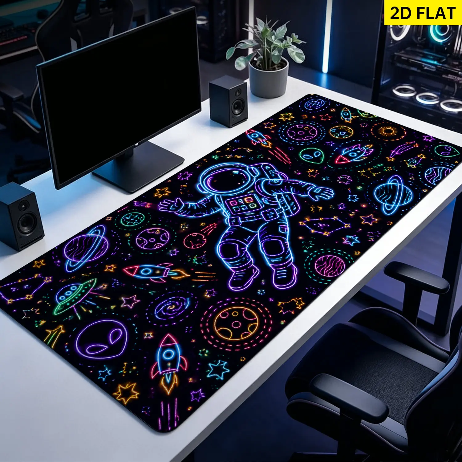 Extra Large neon space astronaut planet design Mouse Pad,Non Slip Rubber Pad,Desktop Decoration Drotection Pad,Washable,Lock Edge Multi Size,Premium Multipurpose Mousepad For Gaming Desk,Home Office,Gift for Family and Friends