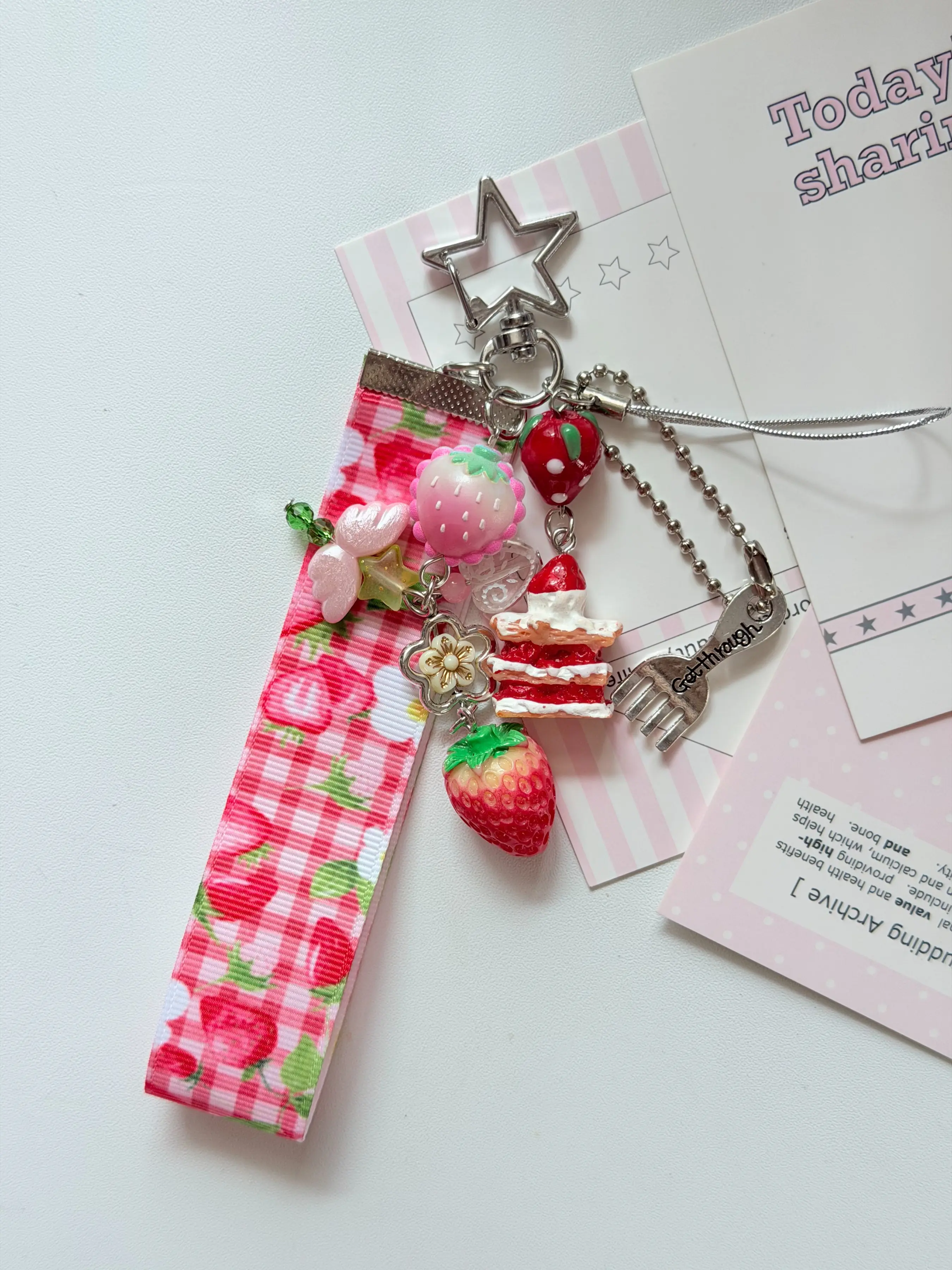 Strawberry Cake Keychain, Cute Dessert Bag Charm with Gingham Ribbon, Fruit Pendant Phone Charm, Kawaii Key Ring for Purse Backpack Keys