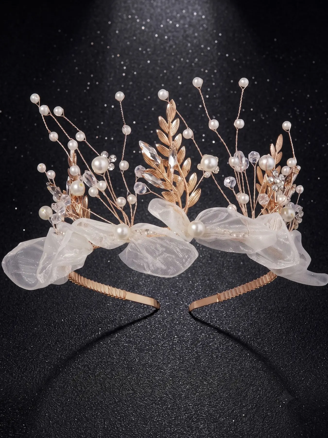 French Style Forest Crown for Bride, Handmade Gold Leaf Artificial Pearl Rhinestone Veil Tiara, Wedding Party Performance Headpiece