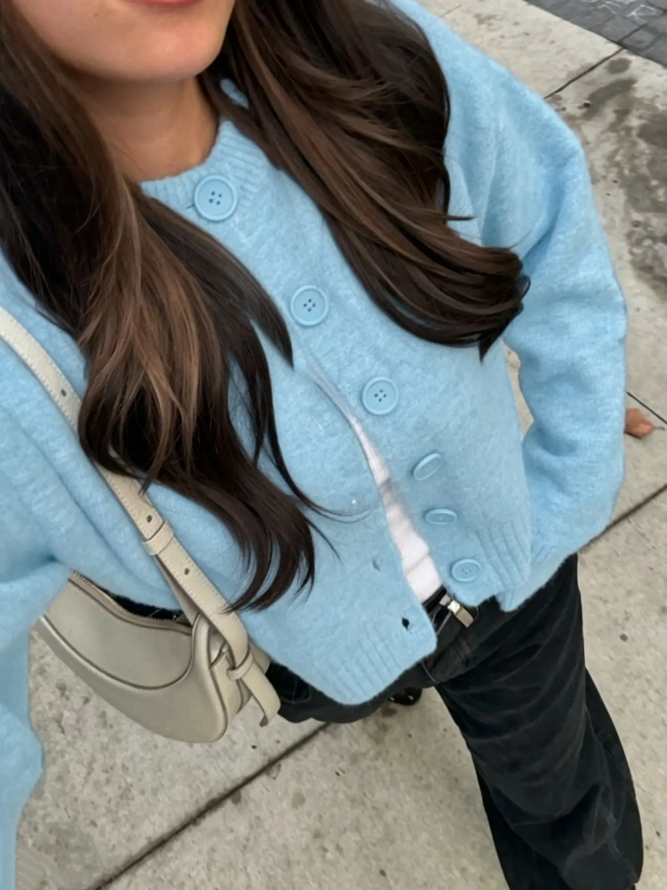 Women's Blue Side Split Cardigan, Elegant Casual Retro Front Button Round Neck Sweater, Soft Commute Daily Back-To-School Season