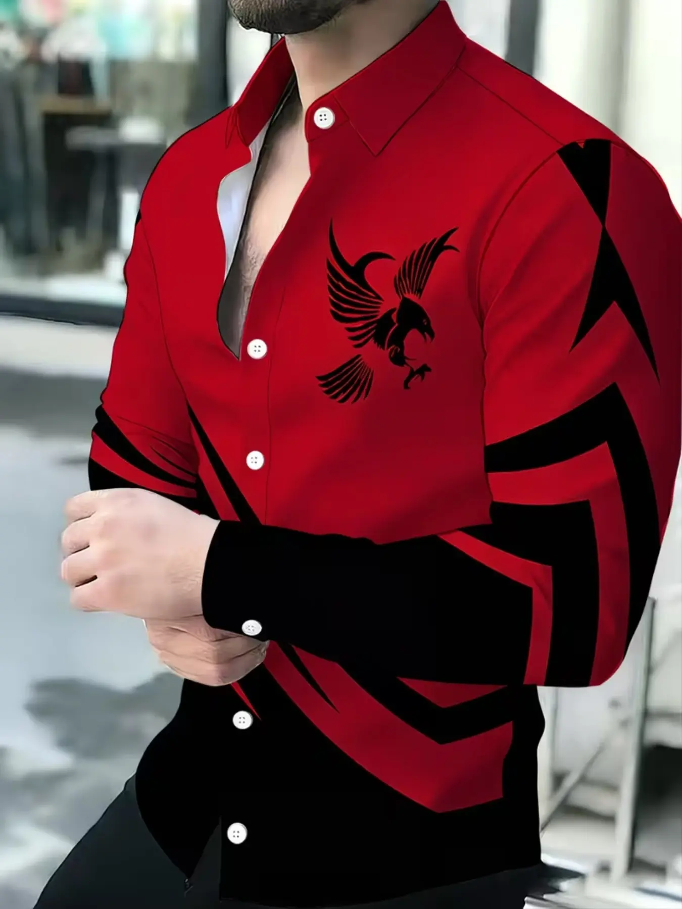 Eagle Pattern Men's Long Sleeve Shirt, Fashion Casual Top, Trendy Male Clothing, Spring & Fall Wear, Fitted H-Type Design