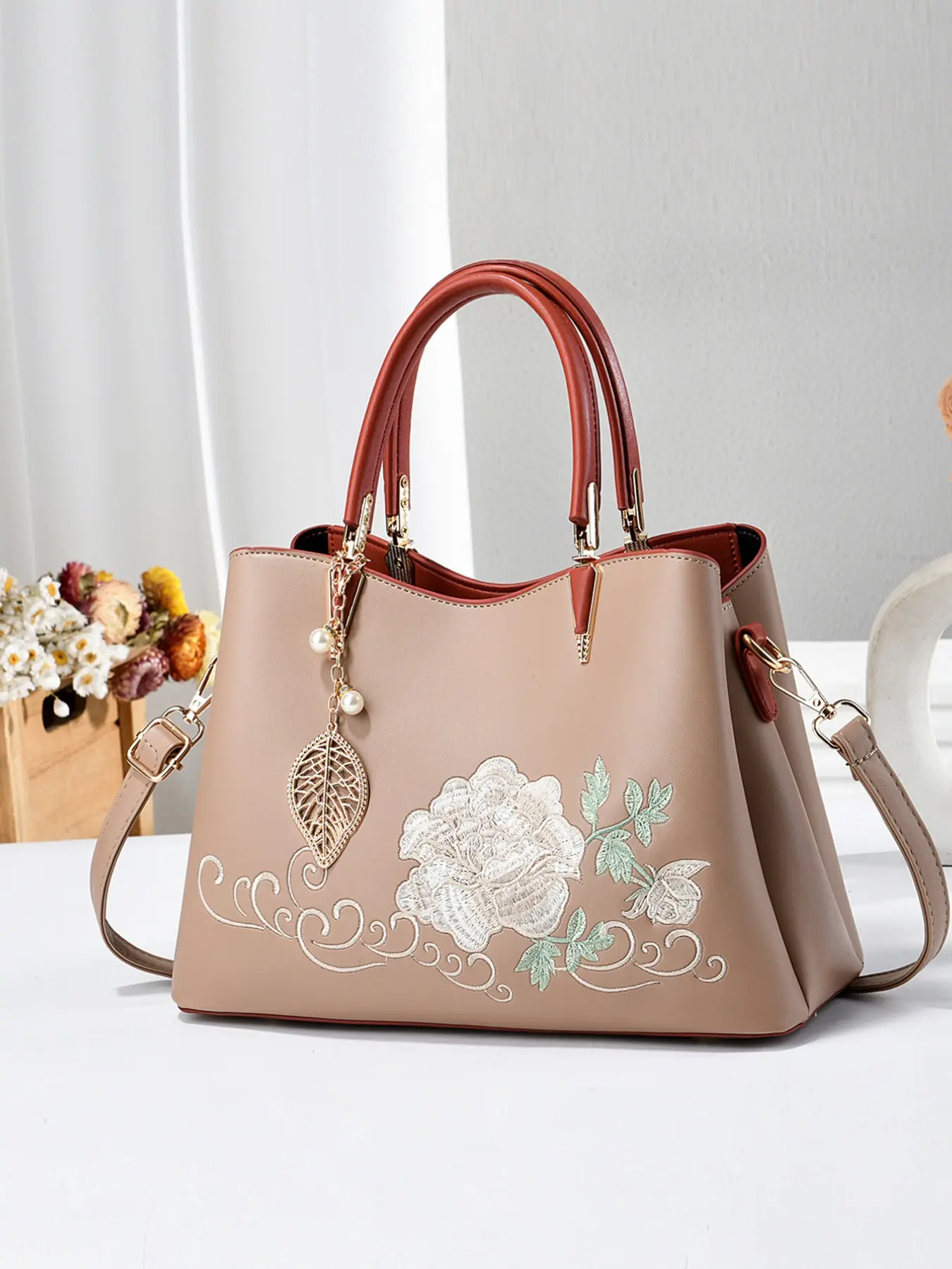 Elegant Embroidered Handbag, Women's Classic Top Handle Tote Bag, Detachable Crossbody Strap, Large Capacity, Fashionable Daily Use, Chic Handbag
