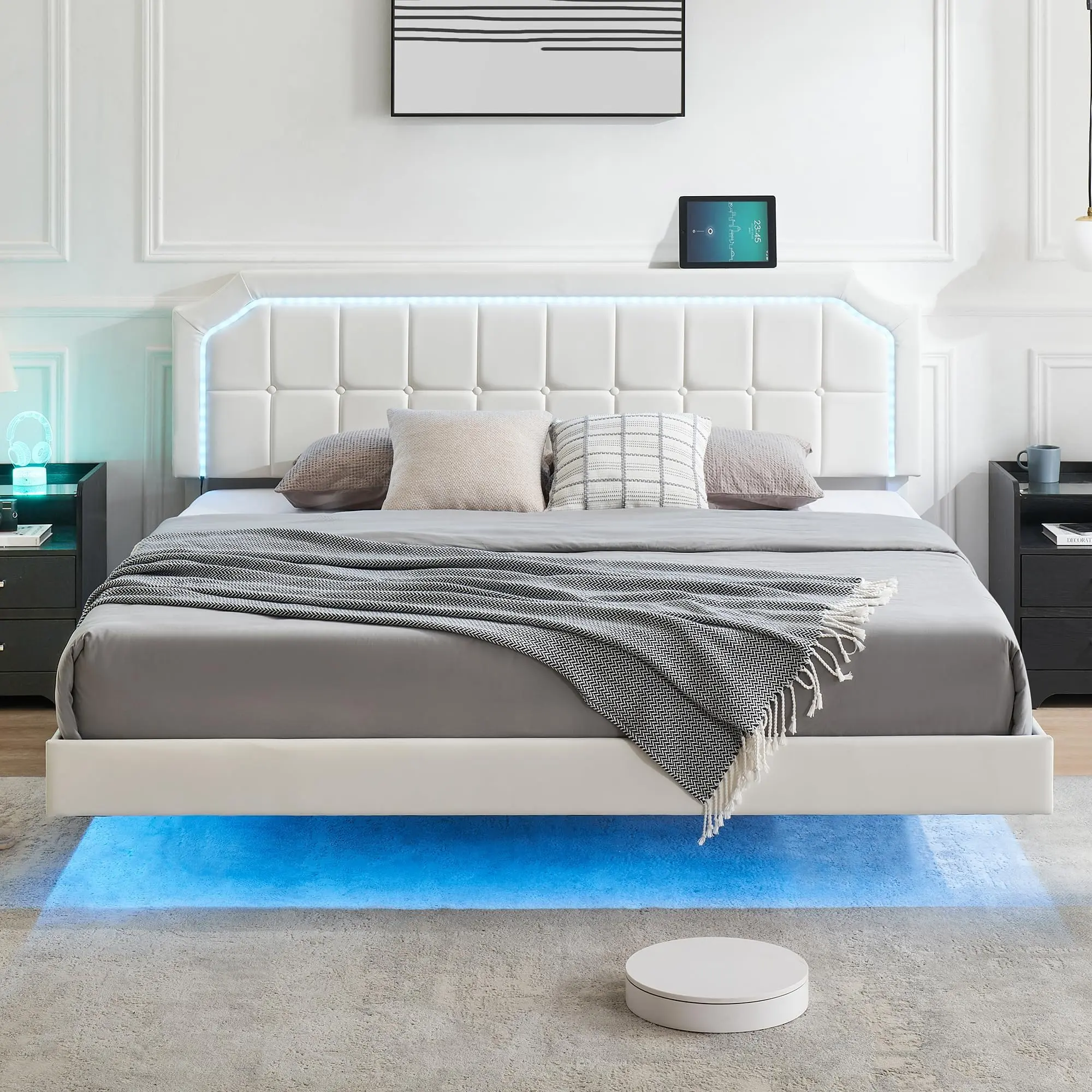 Floating Bed Frame Queen Size with RGB LED Headboard, Adjustable Height Upholstered Platform Metal Bed, No Box Spring Needed, Easy Assembly, White