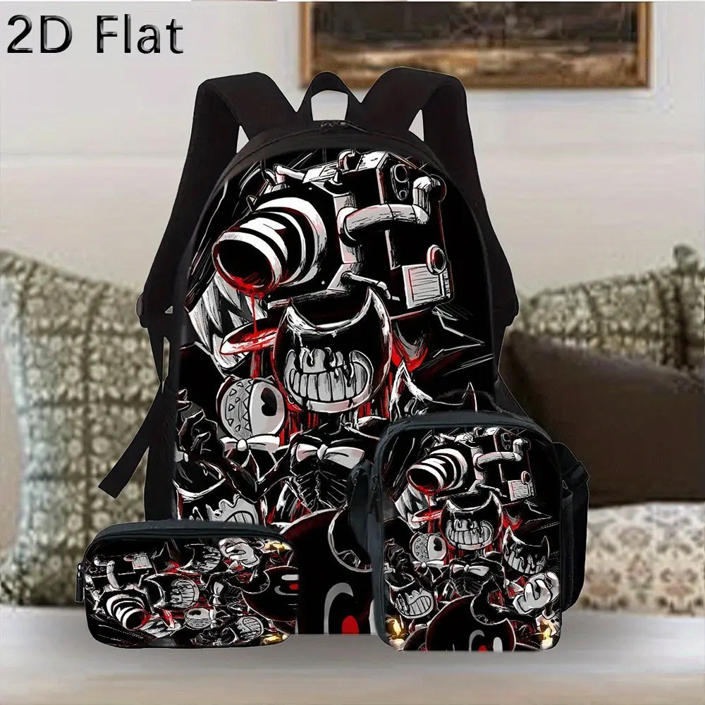 Unisex Retro Chic Bendy 3pcs Multi-Function Backpack Set - Back to School Clothing and Accessories, Athletic Gear with Zipper, Built-in Organizer, Lunch Bag, Pencil Case, Hand Wash Only, No Wheels for 5-6 Years Old