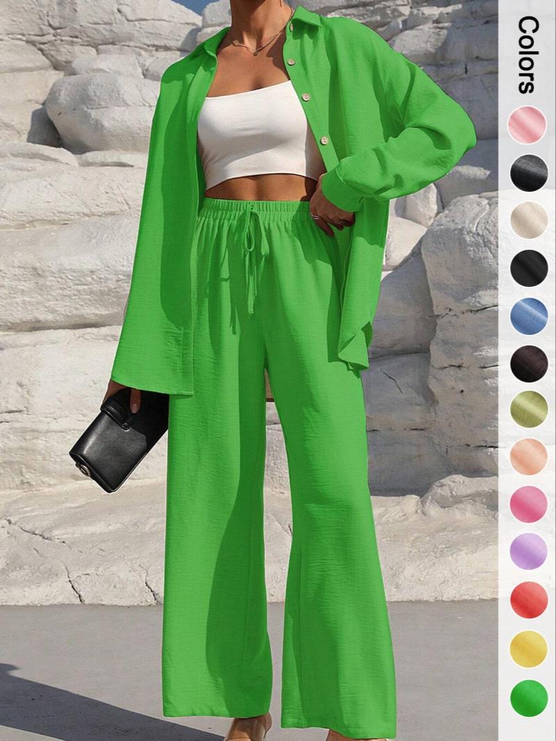 Women's Solid Button Front Shirt & Tie Front Wide Leg Pants Two-piece Set, Casual Drop Shoulder Long Sleeve Top & Trousers 2 Piece Set for Spring & Fall, Women's Clothes for Daily Wear, Casual Outfits Women
