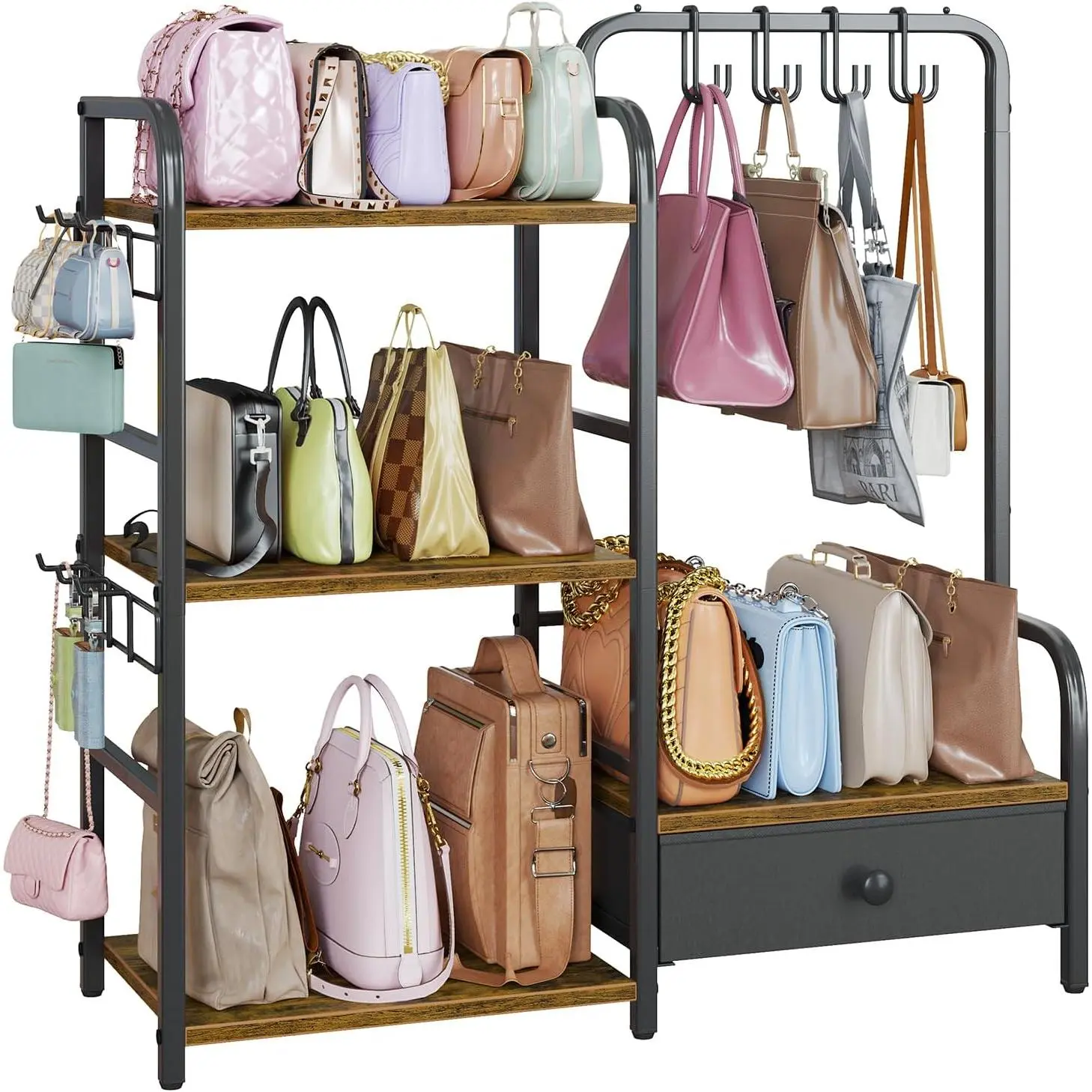 Purse Organizer for Closet, with Bottom Drawer,  Capacity 3 Tier Handbag Storage Rack for Women, 10 Purse Hanger and Hooks for Bag Organizer, Floor-Standing, , Living Room (Black)