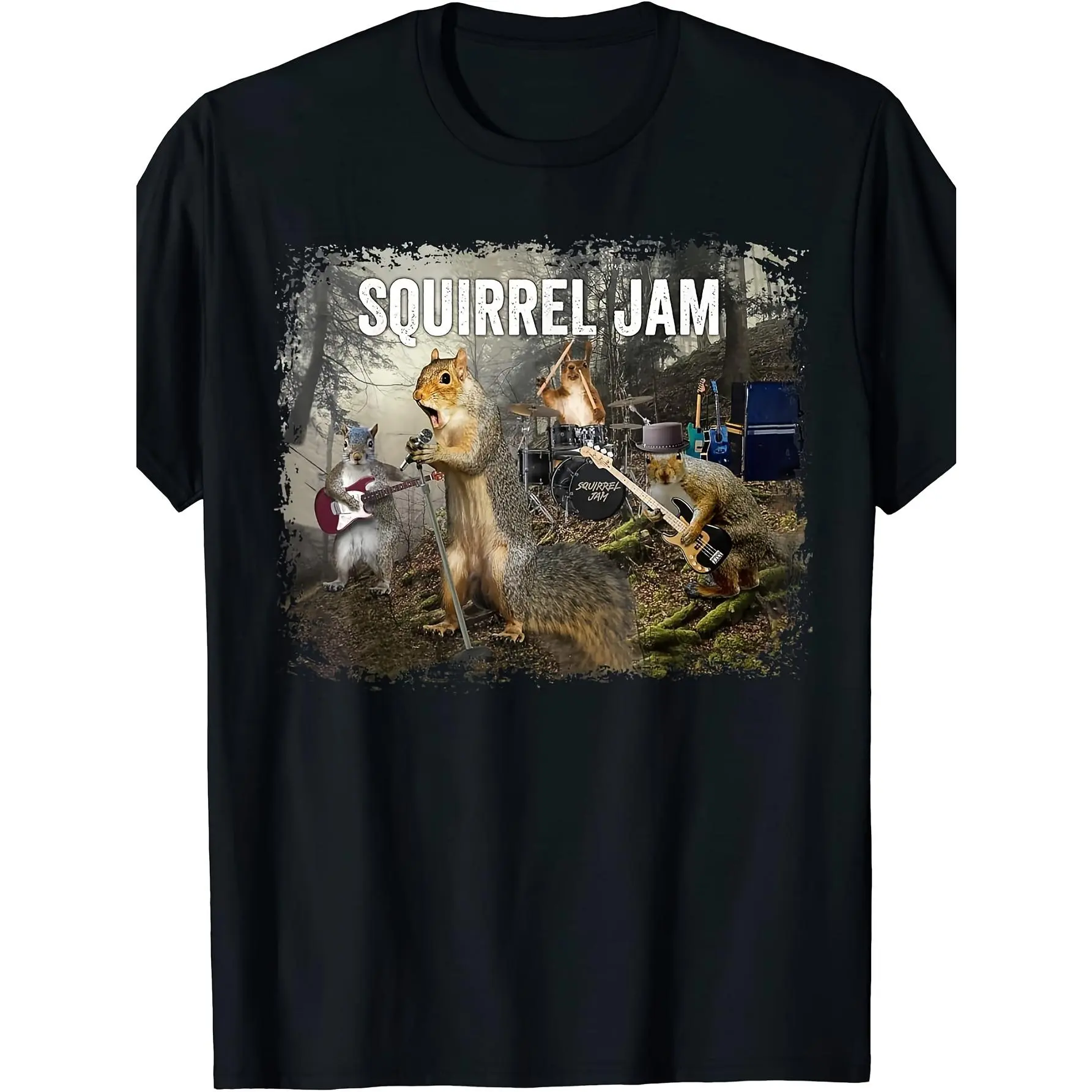 Men's Short-Sleeve Cotton Graphic T-Shirt - Vintage Squirrel Jam Rock Band Guitar Drum Forest Print, Unisex Black Concert Holiday Gift