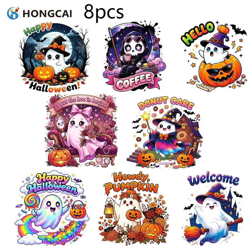 8pcs Aesthetic Style Halloween Ghost Heat Transfer Stickers Pack, Multi-Style Pumpkin and Text Slogan Iron On Patches for Various Apparel Accessories Handmade DIY Crafts, Colorful Washable Film