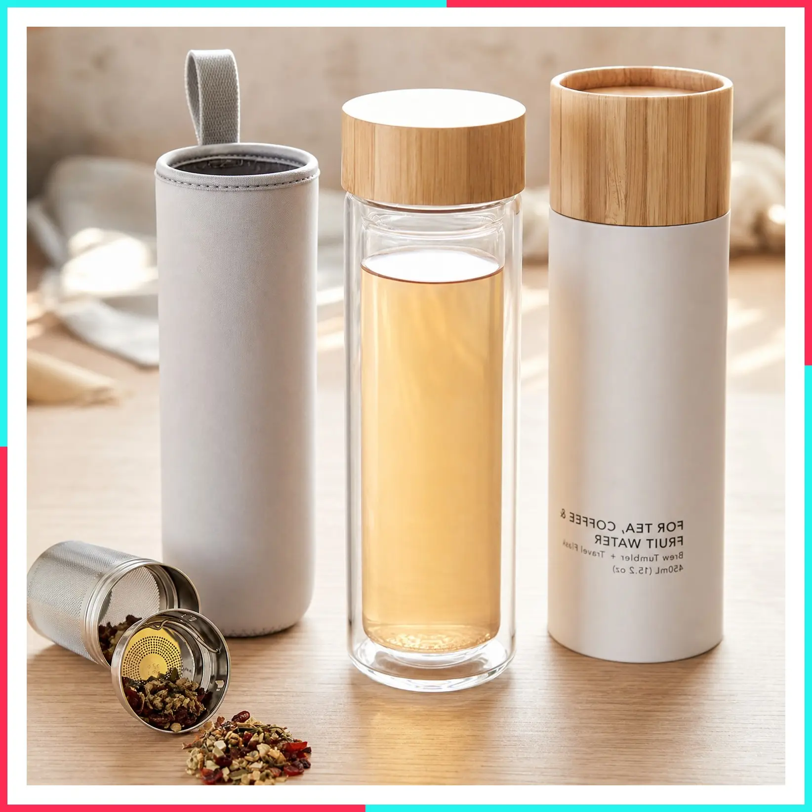 All-Beverage Tumbler – 15 oz / 450 ml Tempered Glass Travel Bottle – Hot & Cold Tea Infuser for Cold-Brew Coffee and Fruit-Infused Water – Tea Tumbler