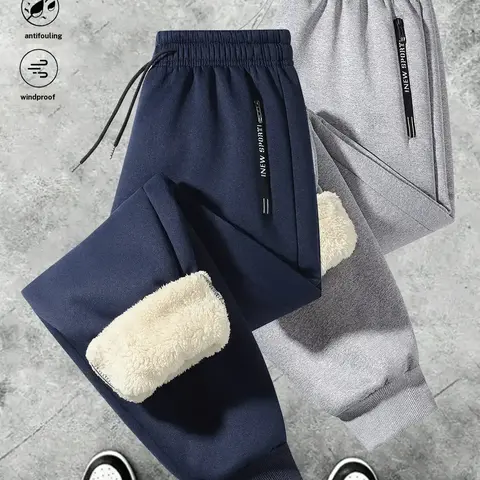 Men's Fleece-Lined Jogger Pants - Menswear, Polyester, Adjustable Drawstring Elastic Waistband, Side Zipper, Fitted Ankle Cuffs, Ankle Length, Plain, Belted, Office-Gym Urban Commuter Bottoms, Machine Washable