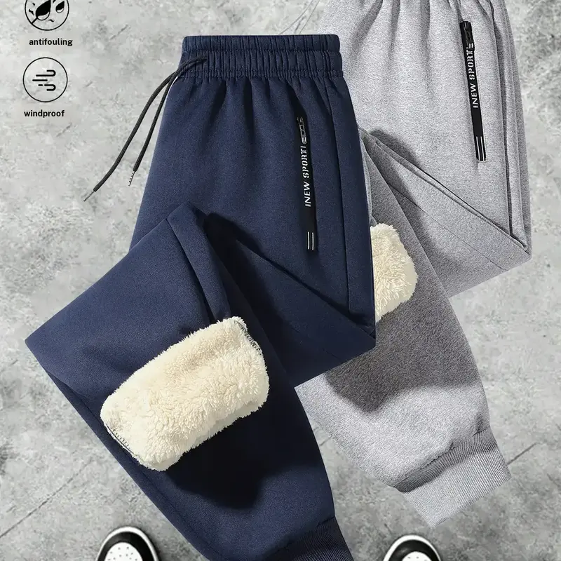 Men's Fleece-Lined Jogger Pants - Menswear, Polyester, Adjustable Drawstring Elastic Waistband, Side Zipper, Fitted Ankle Cuffs, Ankle Length, Plain, Belted, Office-Gym Urban Commuter Bottoms, Machine Washable
