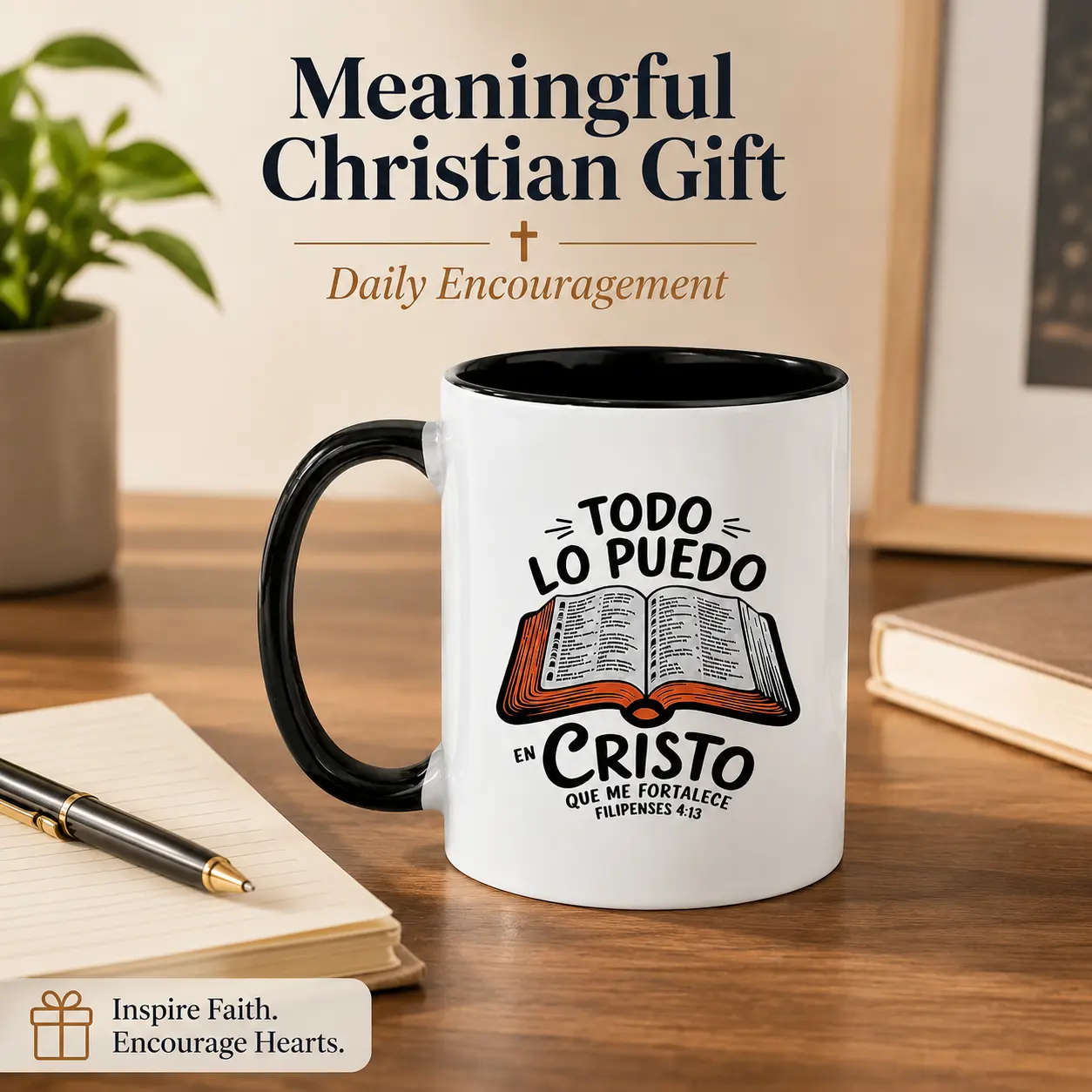 Spanish Christian Coffee Mug 11oz, Todo Lo Puedo En Cristo Ceramic Cup with Bible Verse Philippians , Faith Inspired Religious Gift for Women Men, Black Handle & Interior, Coffee Tea Cocoa Mug