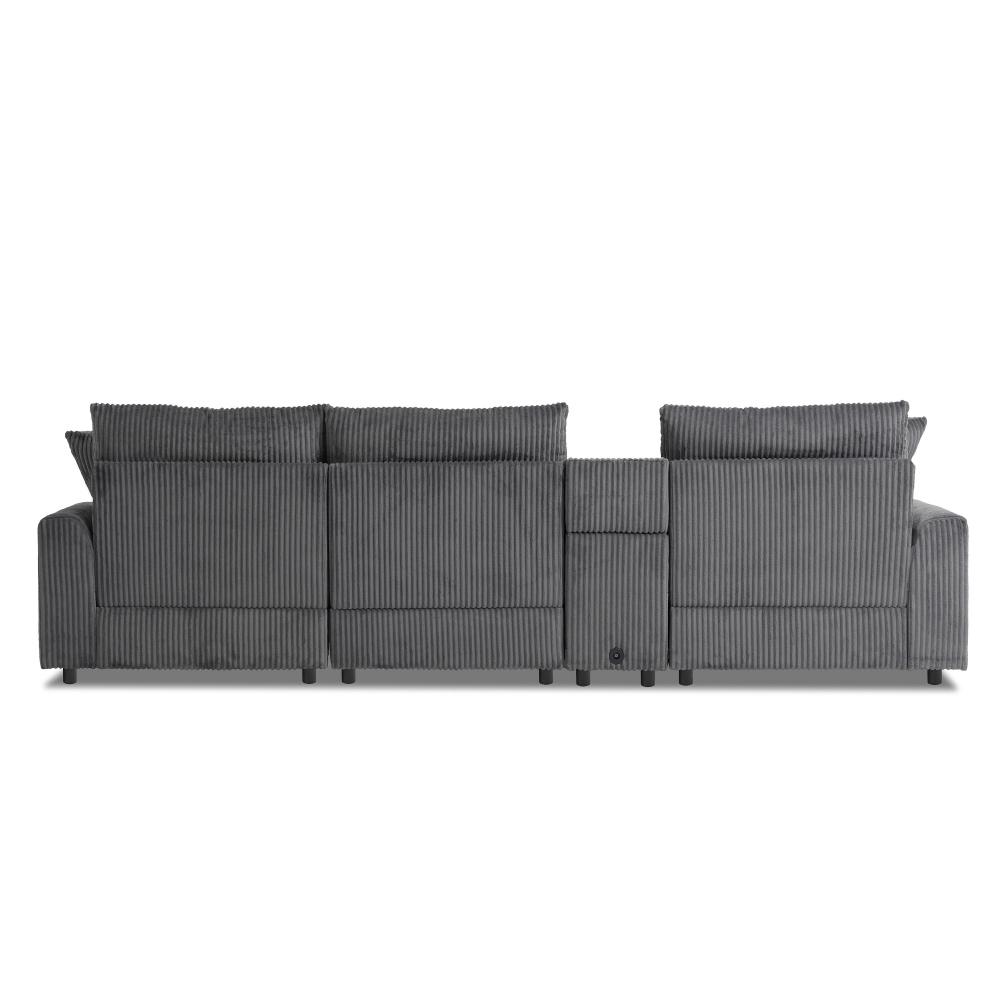 112'' Corduroy Sectional Sofa with Bluetooth Speakers, L-Shaped Couch with Console, USB Charger, Cup Holders, Storage, Ottoman, Deep and Wide Seat Cloud Sofa for Living Room & Apartment