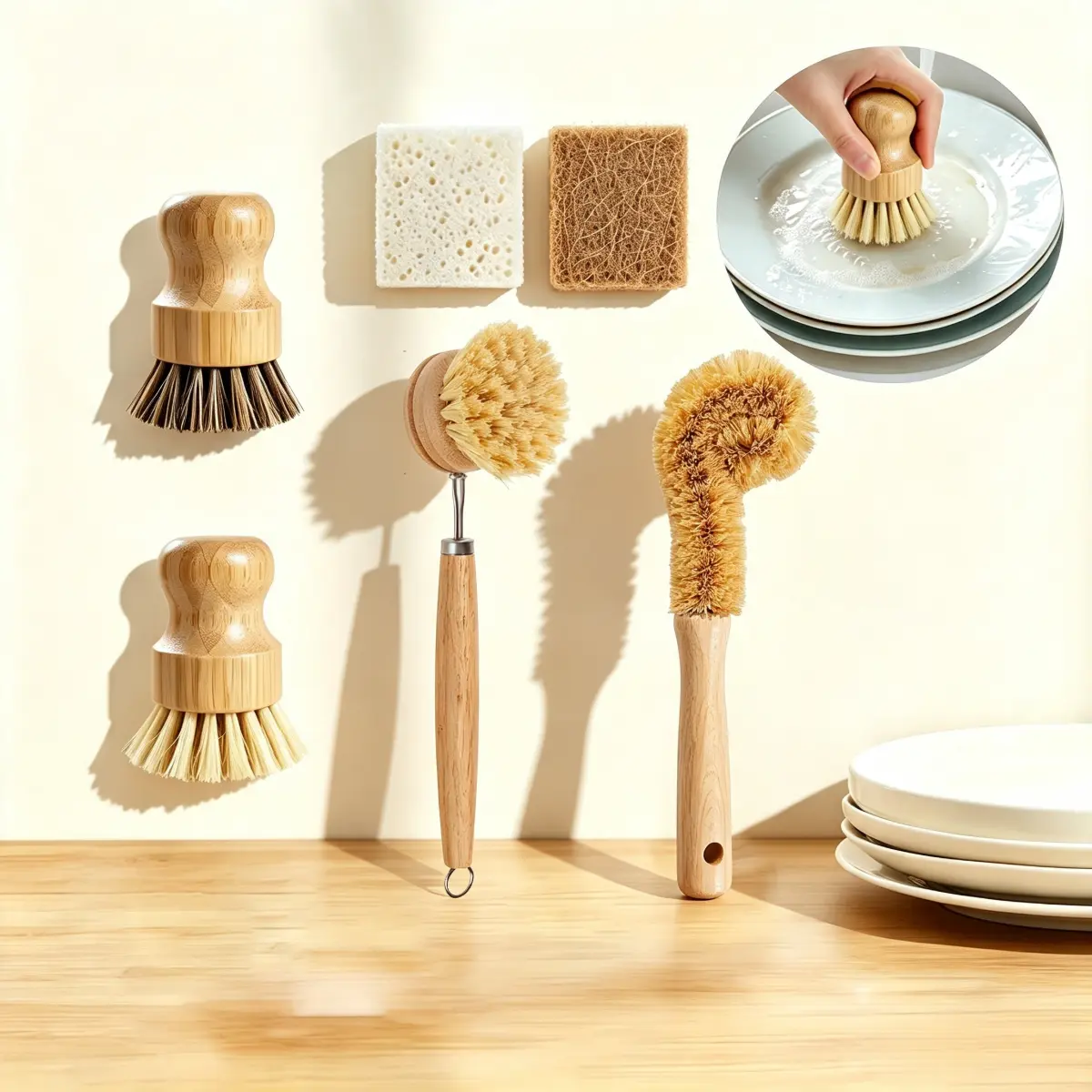 4PCS Bamboo Dish Brush Set, Long Handle Sisal Pot Cleaning Brush, Natural Palm Fiber Wooden Scrub Brush, Non-Stick Oil Kitchen Brush for Pots, Pans, Dishes, Vegetables & Sink Cleaning,Cordless