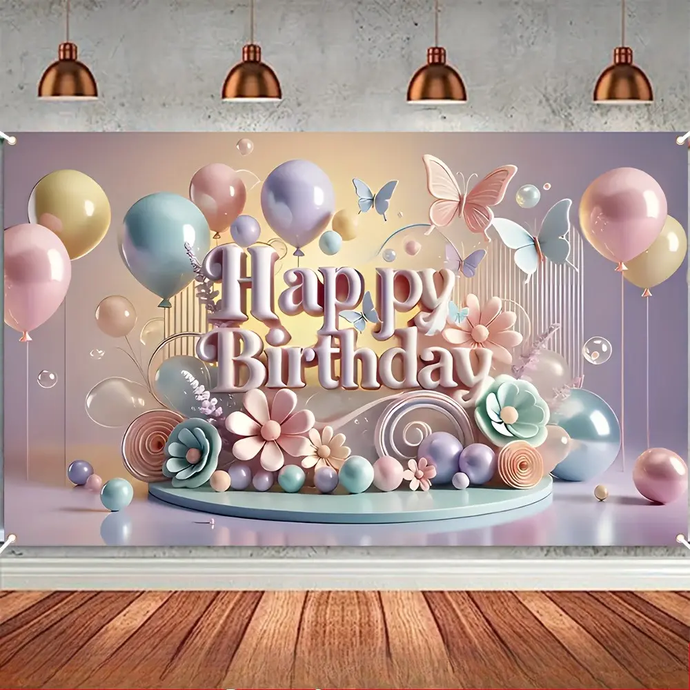 Birthday Backdrop Banner Colorful Balloon Cake Confetti Style Tapestry Wall Hanging Photography Background Polyester Fiber Indoor Outdoor Party Decor Home Room Celebration Photo Booth Event Supplies