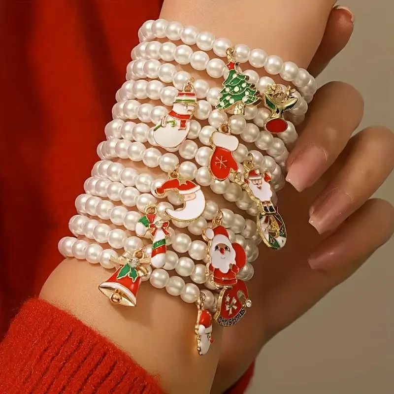 12Pcs Faux Pearl Christmas Series Women'S Bracelet, Christmas-Themed Bracelet Set, Featuring Santa Claus And Reindeer Glove Beaded Bracelets, Suitable for Everyday Wear - Holiday Gift
