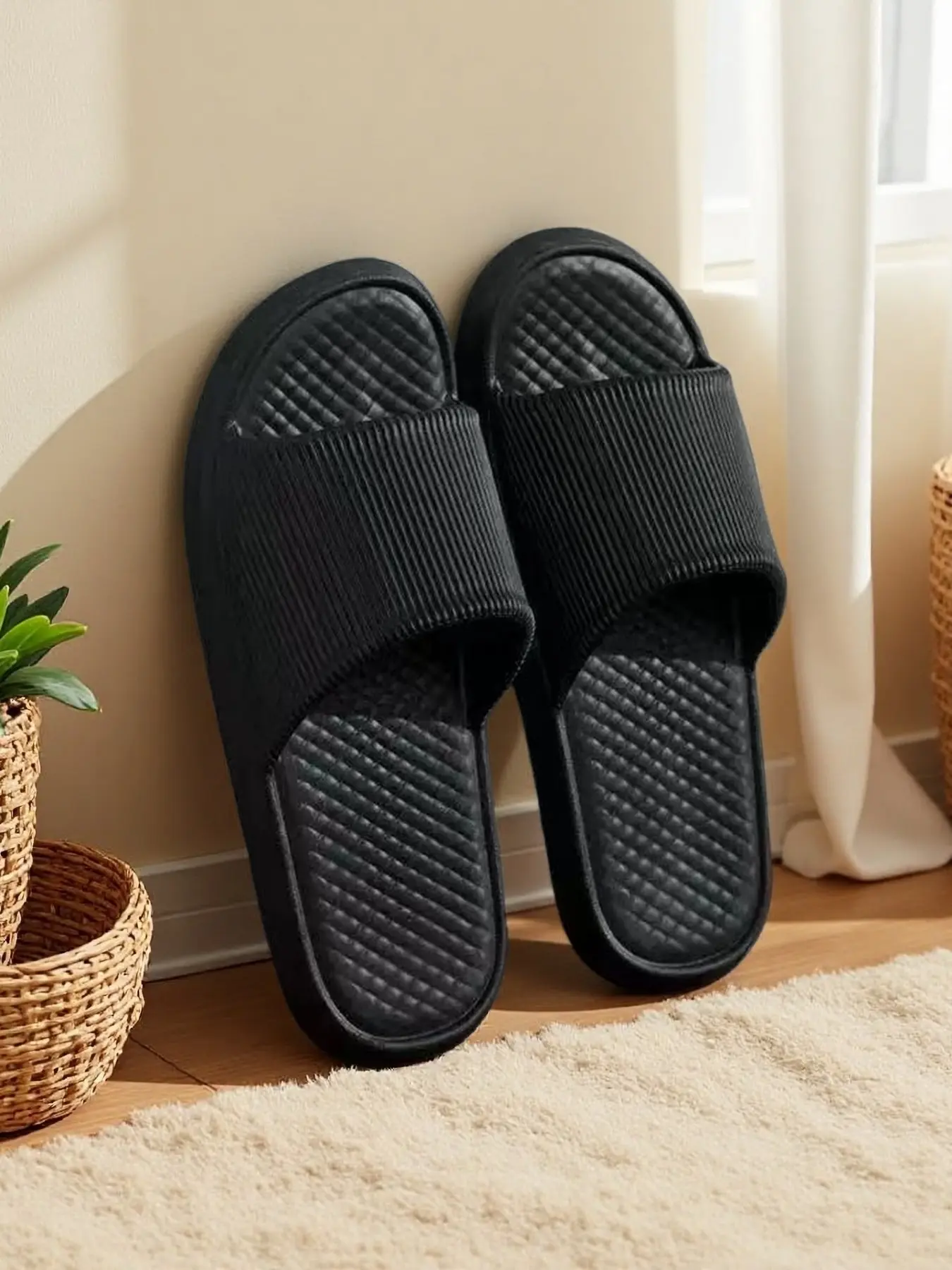 Thick Soft Sole Textured Slippers, Anti-Slip Shock Absorption, Indoor Home & Bathroom Use, Waterproof Sandals, Comfortable Footwear