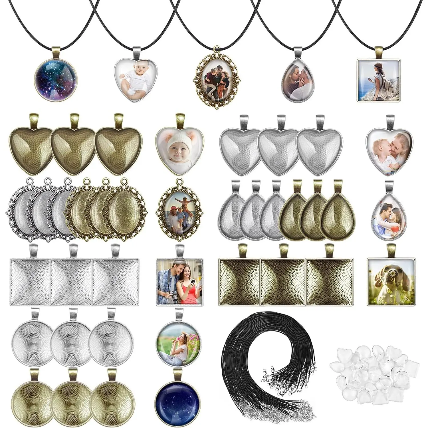 Aenezus Pendant Trays Set with Glass Cabochons for  Making - 90 count, Includes 30 count Bezel Pendants, 30 Glass Cabochons, 30 Necklace Cords