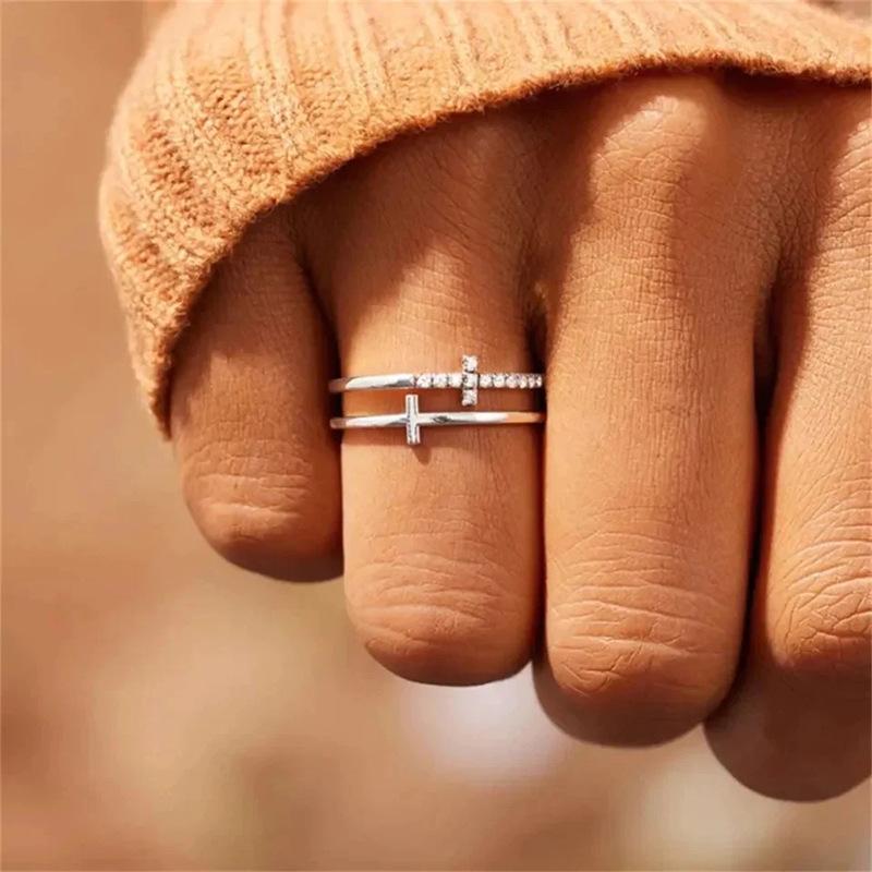 Double Layer Cross Ring for Women | Minimalist Ins Style CZ Statement Jewelry