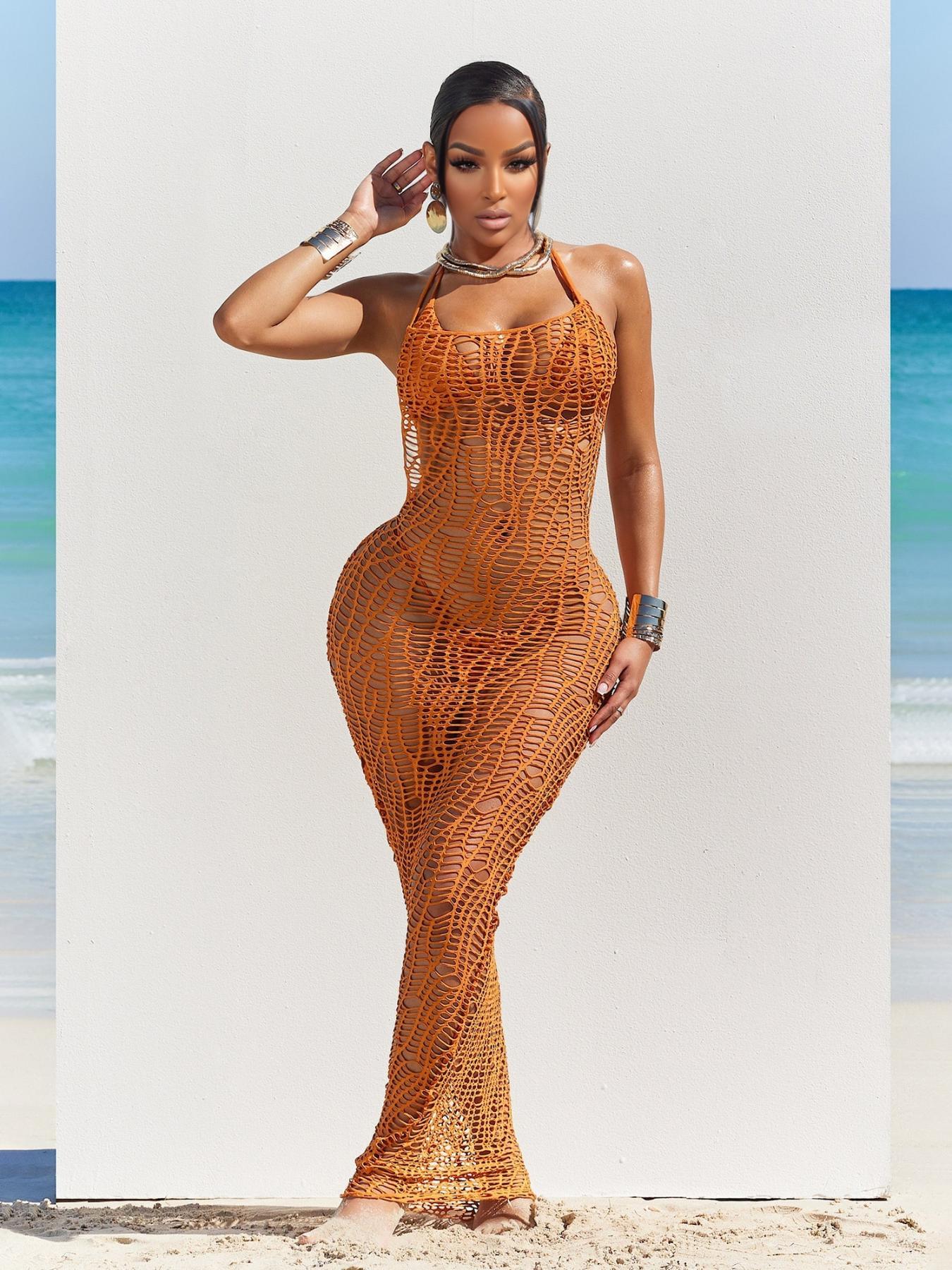 Three-piece Set Women's Solid Color Crochet Bathing Suit Set, Casual Hollow Out Sleeveless Cover Up Dress & Bikini Set, Ladies Summer Swimwear Coverups Swimsuit for Beach Holiday Vacation