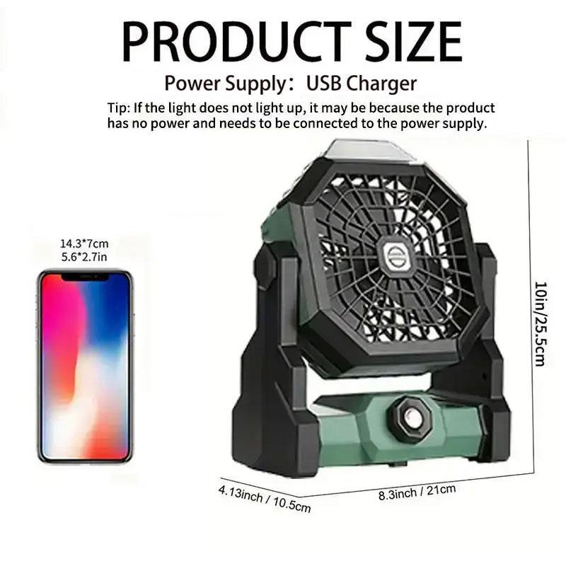 Outdoor Camping Adjustable Fan, Rechargeable Personal Fan with LED Lantern Illumination, Portable 270° Rotation Cooling Fan with Hook for Travel Picnic Fishing
