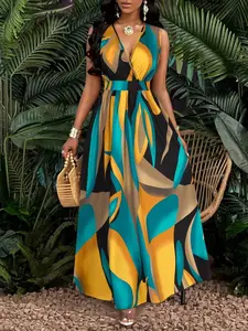 Women's New Tropical Print V-Neck Waistband Tight Sexy Long Dress, Elegant Daily Casual Style, Perfect for Everyday Wear