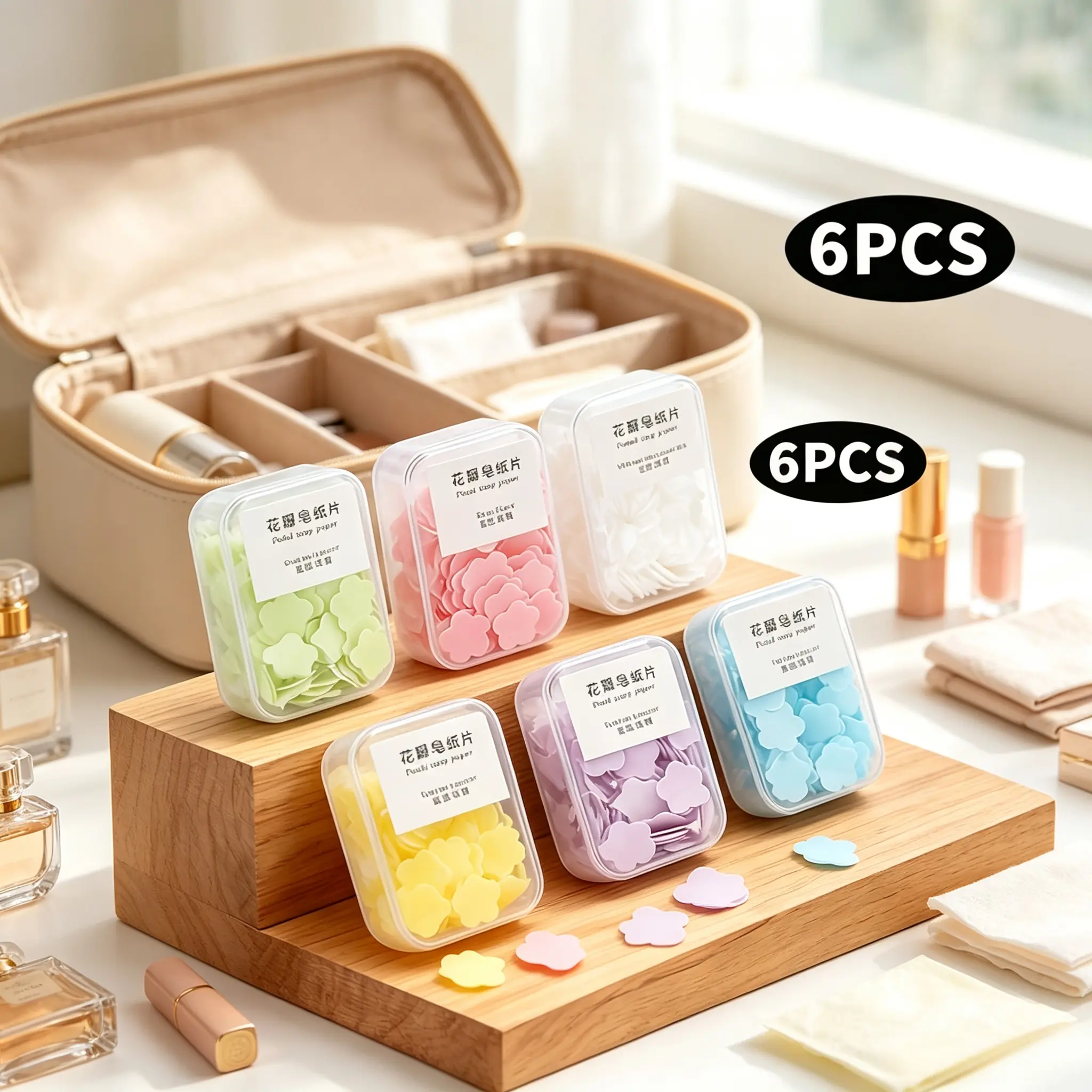 Portable hand soap sheets ideal for camping. 6 scented disposable soap papers including jasmine, rose and lavender. Lathers quickly with water. Lightweight travel essential for outdoor trips and daily hand care.