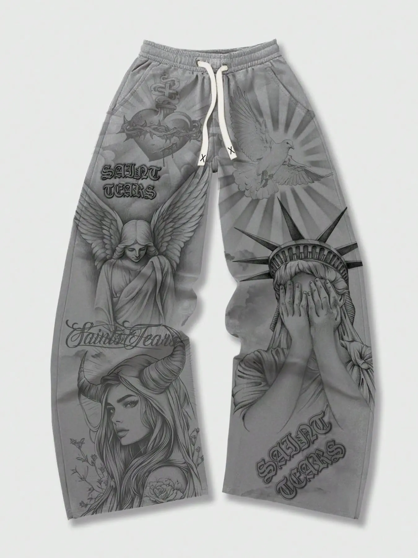 Street Life Men's Casual Wide Leg Religious Style Pants, Men's and Women's Grey Christian Casual Sanitary Pants, Angel Sacred Heart Saint Printed Autumn/Winter Knitted Sports Pants Virgin Mary