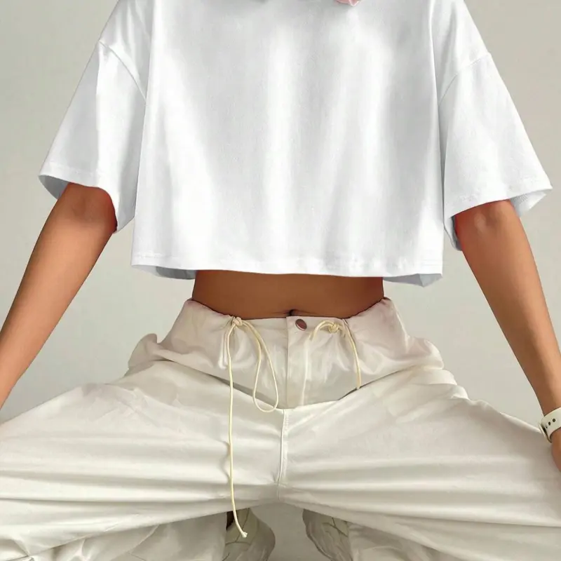 Women's Plain Crop Tee, Casual Summer Tees, Casual Fit Chic Fashion Comfy Half Sleeve Round Neck Fitted Basic Minimalist T-shirt for Spring & Fall, Women's Top for Daily Wear, Casual Tops, Womenswear, Streetwear