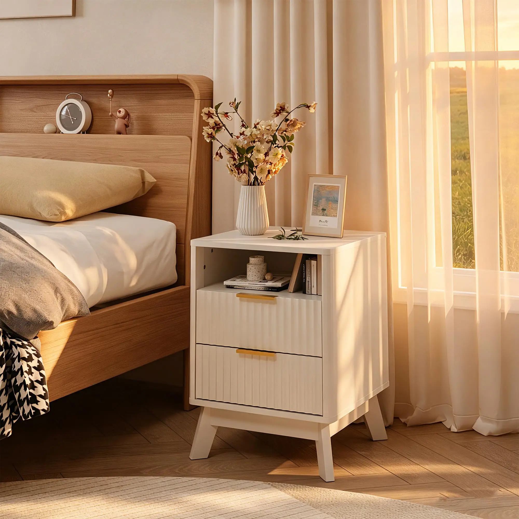 【IdealHouse】Modern Fluted Bedside Table with Charging Station, 18 Inch Curved Structure and 2 Storage Drawers, Multifunctional Nightstand for Bedroom and Living Room