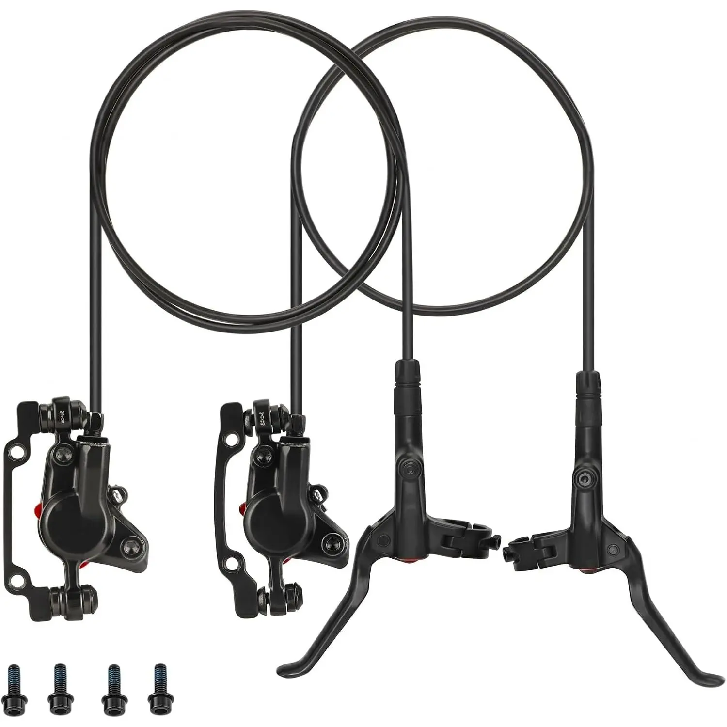 Hydraulic Brakes, MTB Disc Brakes - Complete  4  Hydraulic Brakes for Mountain , E-, Road ,Left (Front) Hose is 80cm, and the Right (Rear) Hose is 150cm