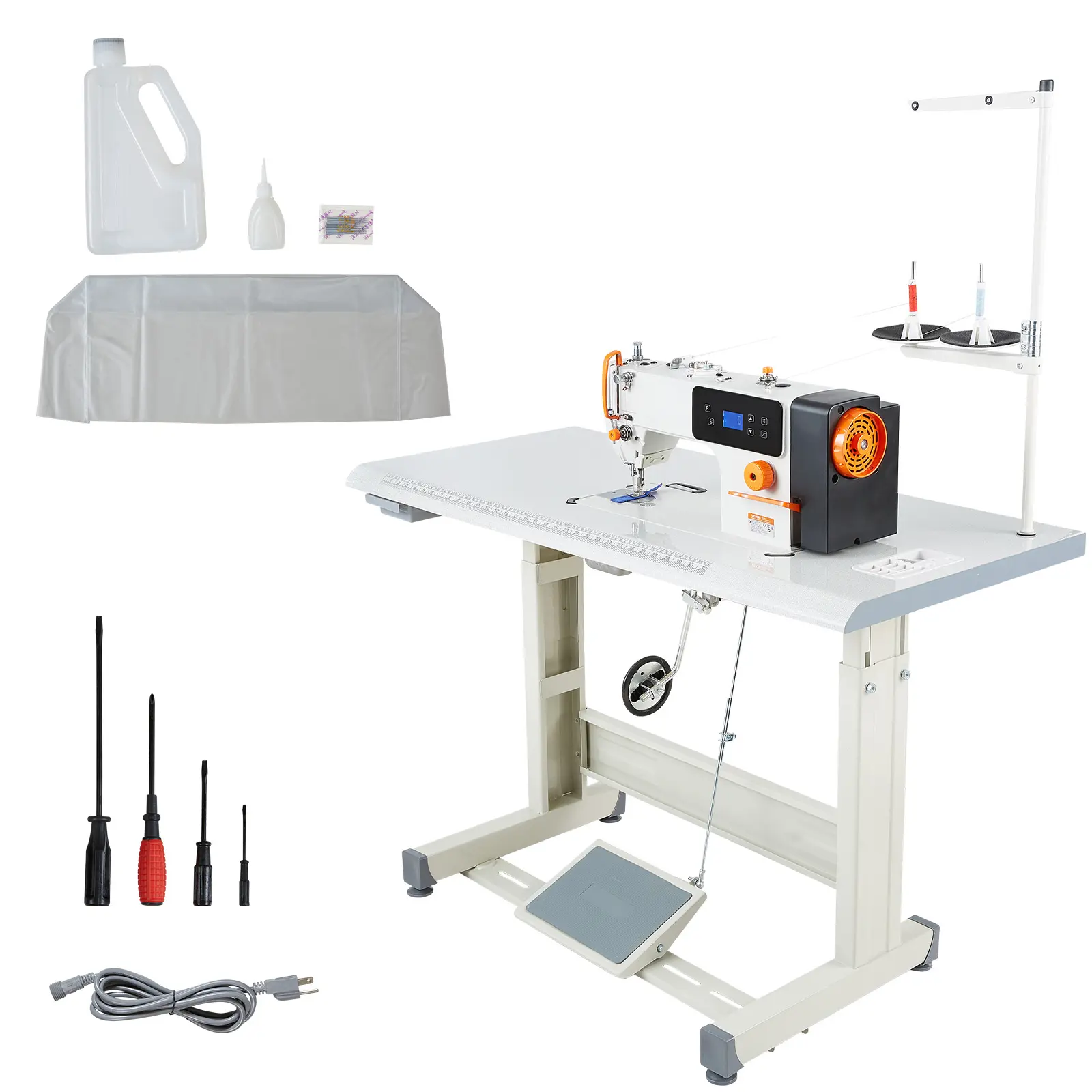 Industrial Sewing Machine, 550W Lockstitch Sewing Machine Set with Servo Motor and Table Stand, 5000 SPM High Speed, Metal Frame, LCD Panel, LED Light, for Cotton, Wool, Denim, Leather