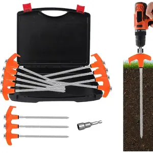 8" Tent Stakes Heavy Duty 12 Pack, Screw in Tent Stakes, Metal Threaded Camping Stakes, Ground Anchors  Canopies, Gardening, Yard Stakes  Inflatables, with Storage Box and Hex Socket