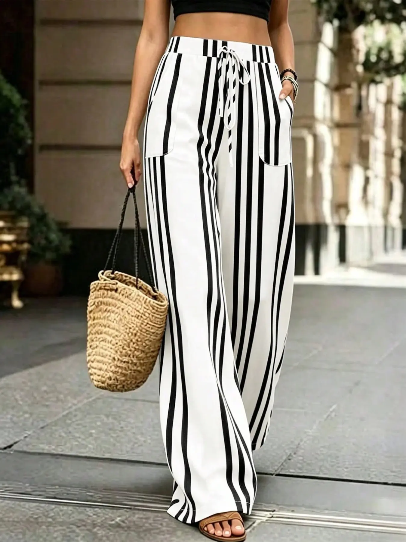 Women's Casual and Vertical Striped Drawstring Pocket Wide Leg Pants, High Waist Loose Fit Vacation Long Pants