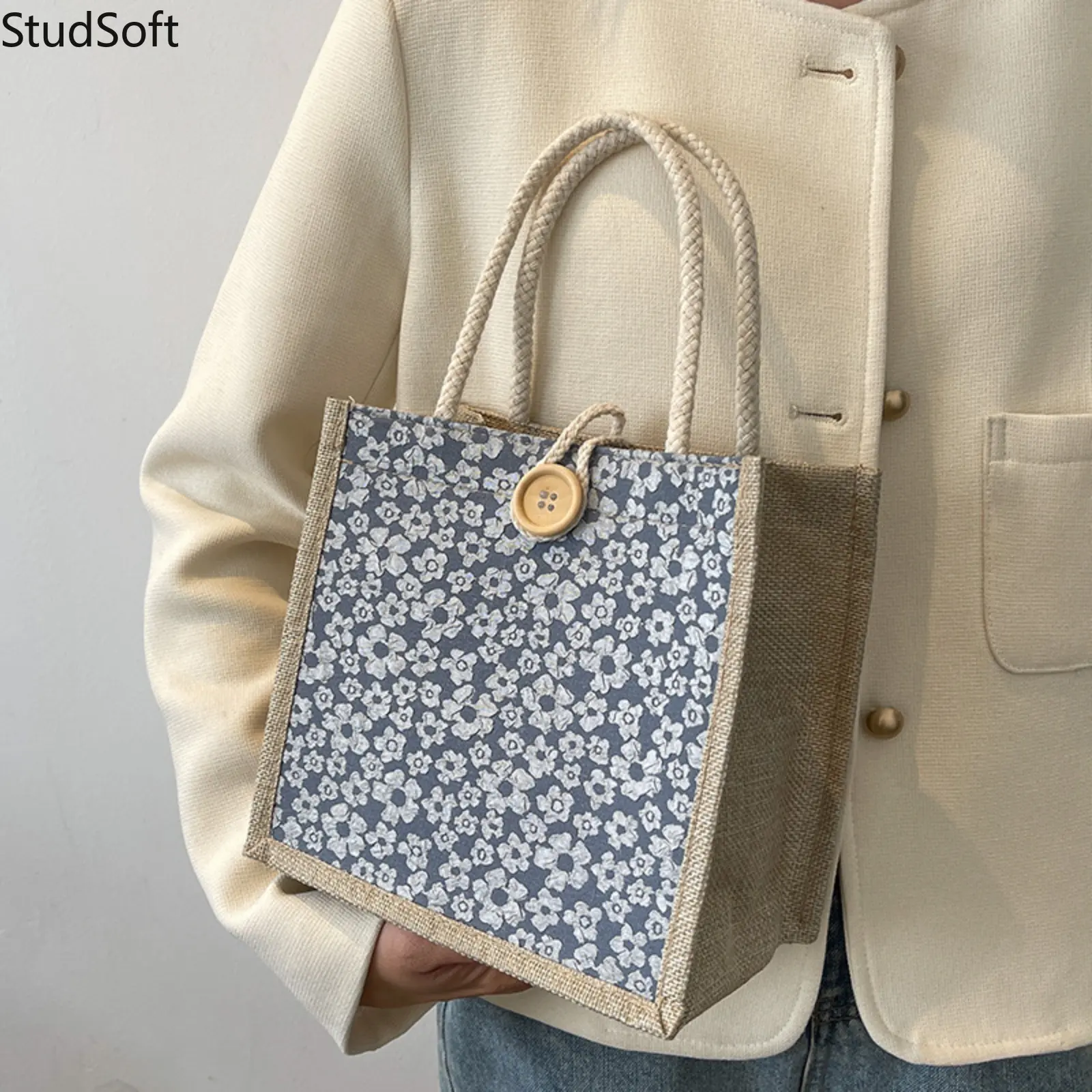 Vintage Floral Jacquard Tote Bag Women's Linen Burlap Handbag Reusable Grocery Shoulder Purse Wooden Button for Summer Beach Casual Daily Shopping
