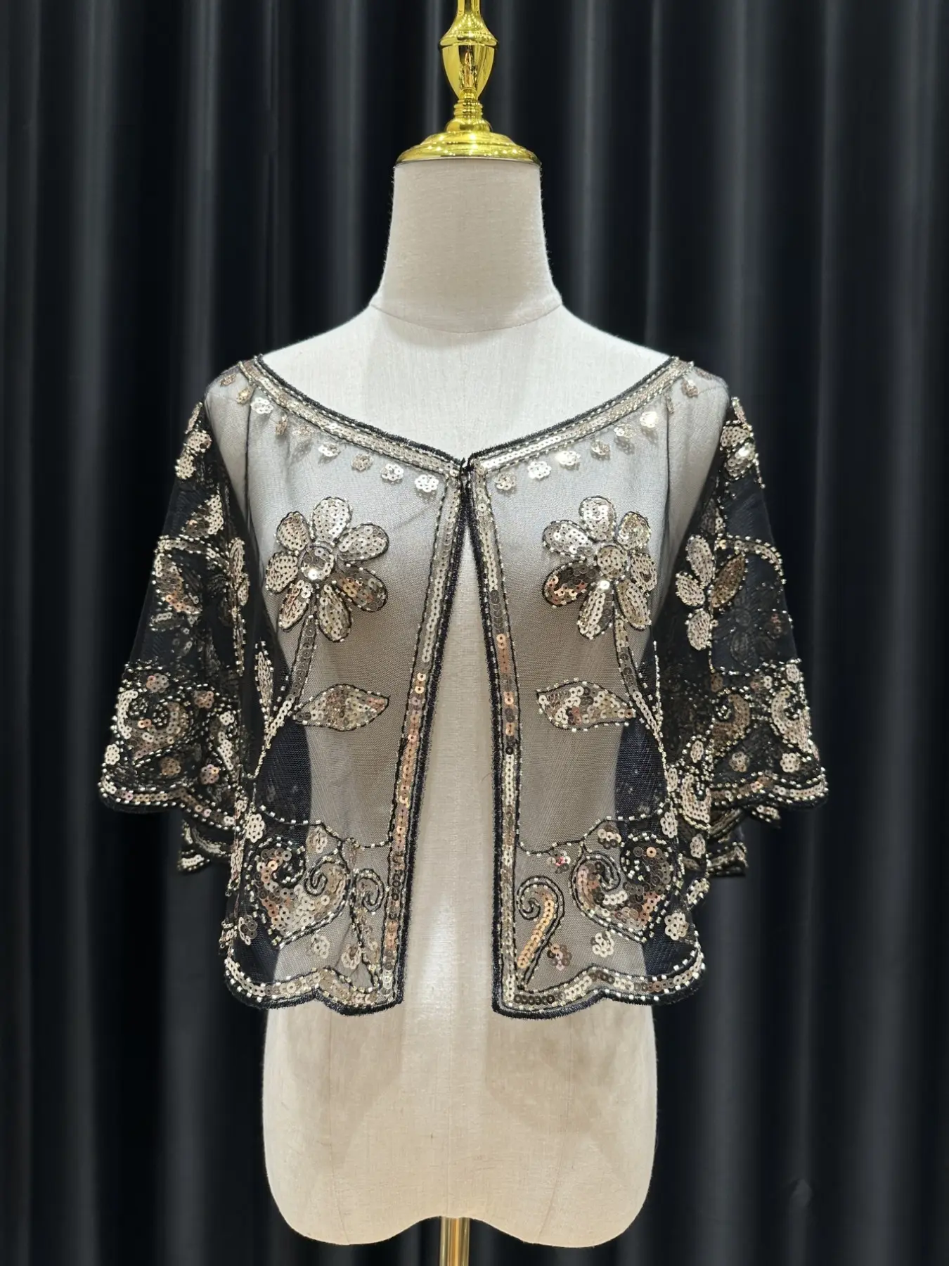Elegant Sequin Beaded Floral Mesh Shawl, Vintage Short Cape, Perfect for Women, Formal Parties, Weddings, Halloween, Carnival, Masquerade