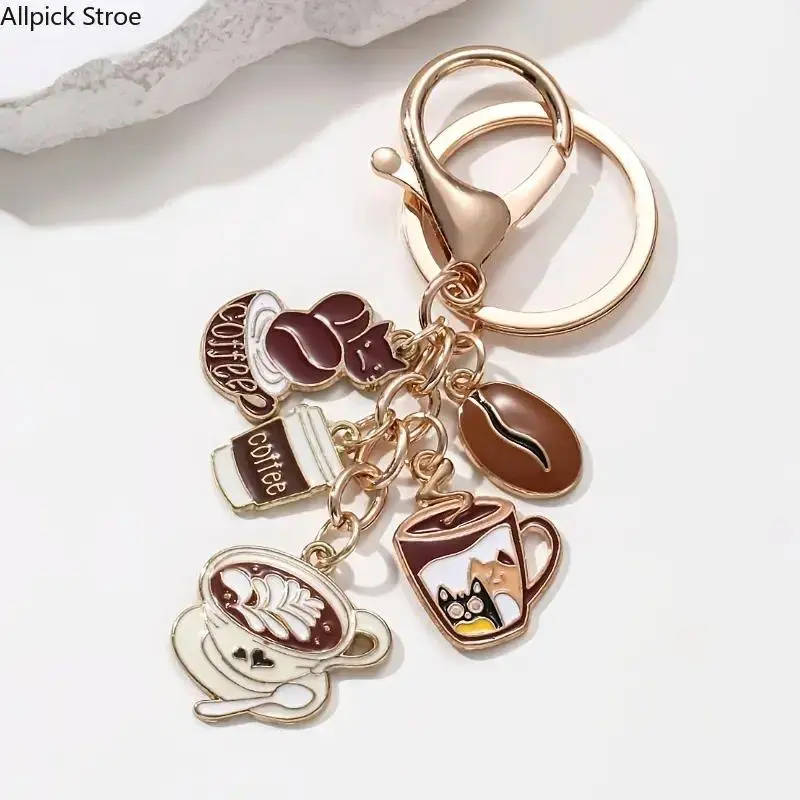 Round Leather Keychain - Round Keyring with Coffee Bar Design, Casual Metal Pendant for Car Keys, Bags, Ideal Birthday Gift (Bag Accessory Charm)