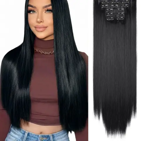 24-Inch Clip-In Hair Extensions, 6pcs  Long Straight Hair Extensions for Women, Heat-Resistant Synthetic Hairpieces Natural Look, Easy to Use,