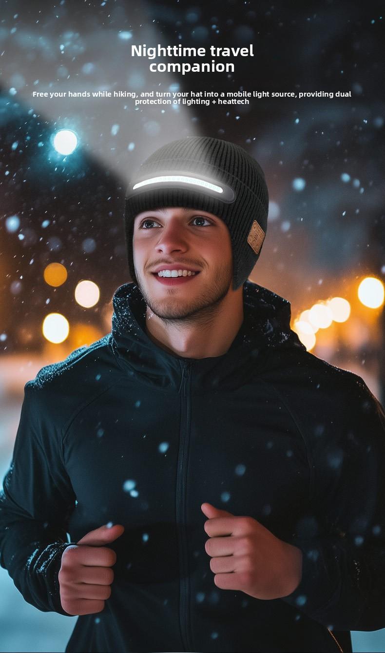 New USB Charging Light-Up Bluetooth Headphone Hat Outdoor Warm Knitted Ear Protection Hat Wireless Music Colorful Light Design Unisex Fashionable Casual Flashlight Hat for Christmas Holidays