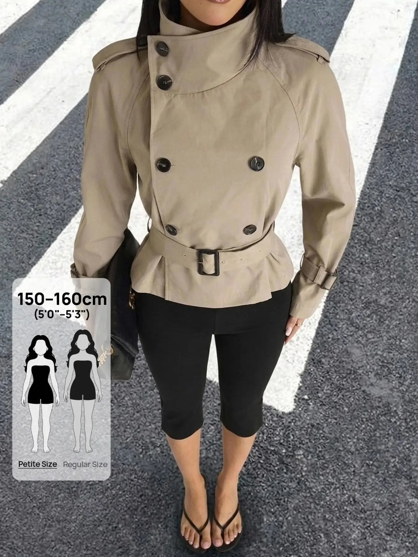 Women's Short Windbreaker Coat, Stand Collar Double Button with Belt, Windproof Outerwear for Height 150-160cm, Petite Fashion Jacket