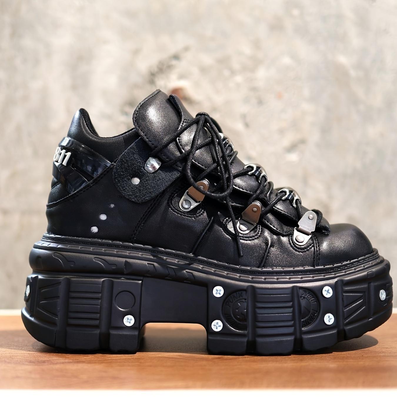 [Punk Combat Sneakers] Punk Combat Sneakers Women's |   Platform Metallic Decor Rock Gothic Y2K Boots |   Black High Thick Sole Cross Tied Rivets Flats